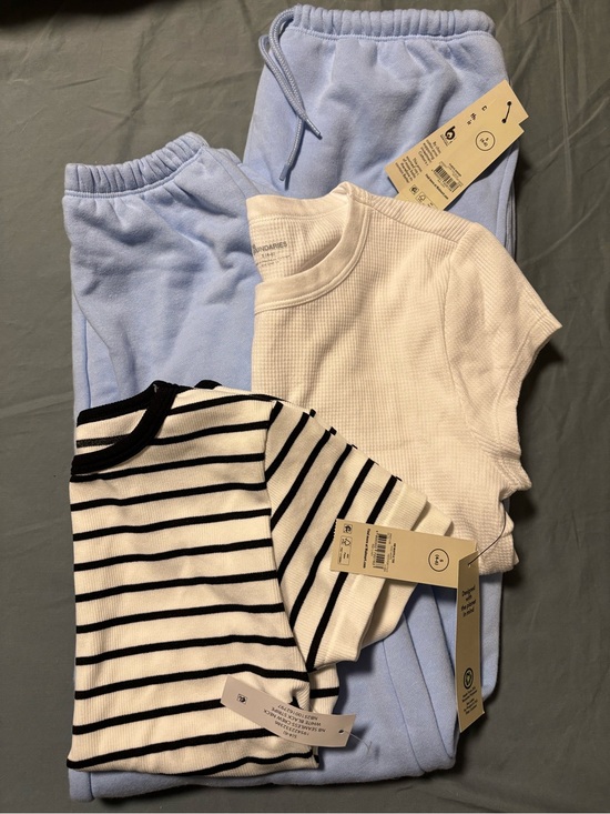 No Boundaries Tops - Light Blue Sweatpants with White Crop Top and Black-White Striped Crop Top